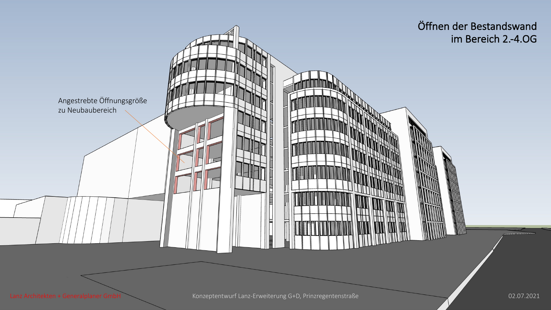Lanz-Erweiterung – Öffnung der Bestandswand im 2.–4. Obergeschoss – Konzeptentwurf 02.07.2021
