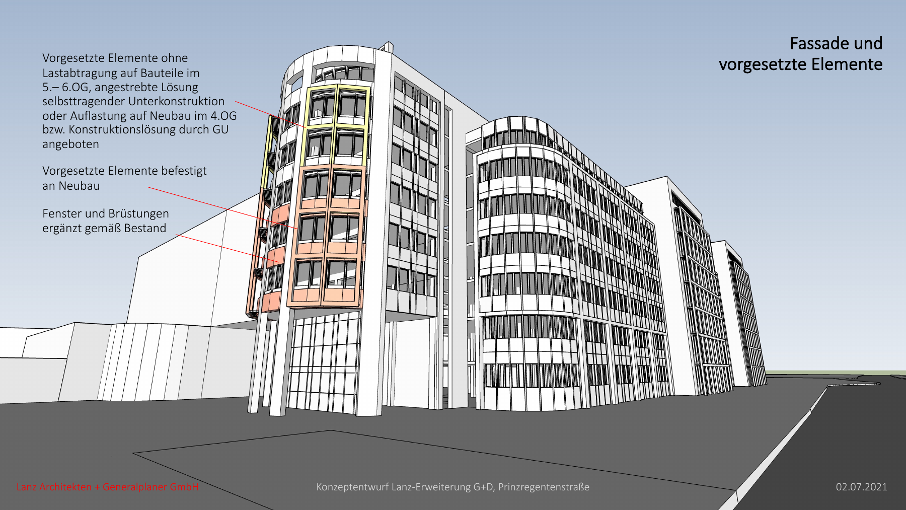 Lanz-Erweiterung – Fassade und vorgesetzte Elemente – Konzeptentwurf 02.07.2021