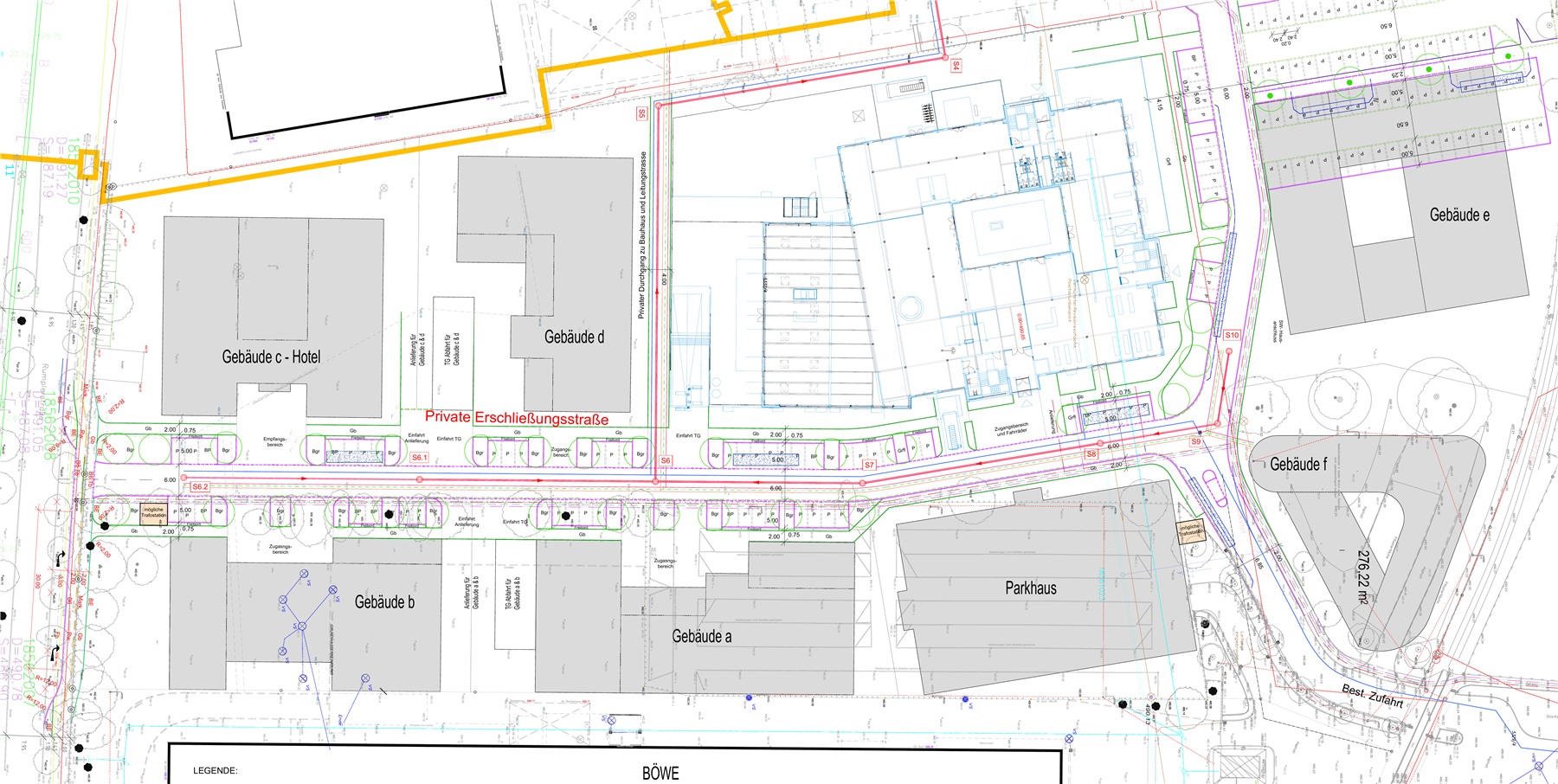 Masterplan des TONI Parks in Augsburg mit den Gebäuden A bis F und Parkhaus